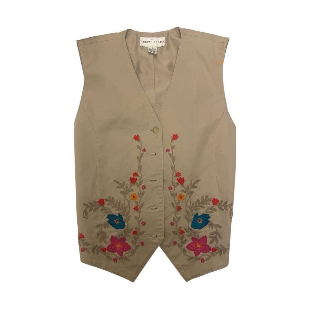 Embroidered Cotton Button Up Vest Waistcoat Tie Back, S boho prairie